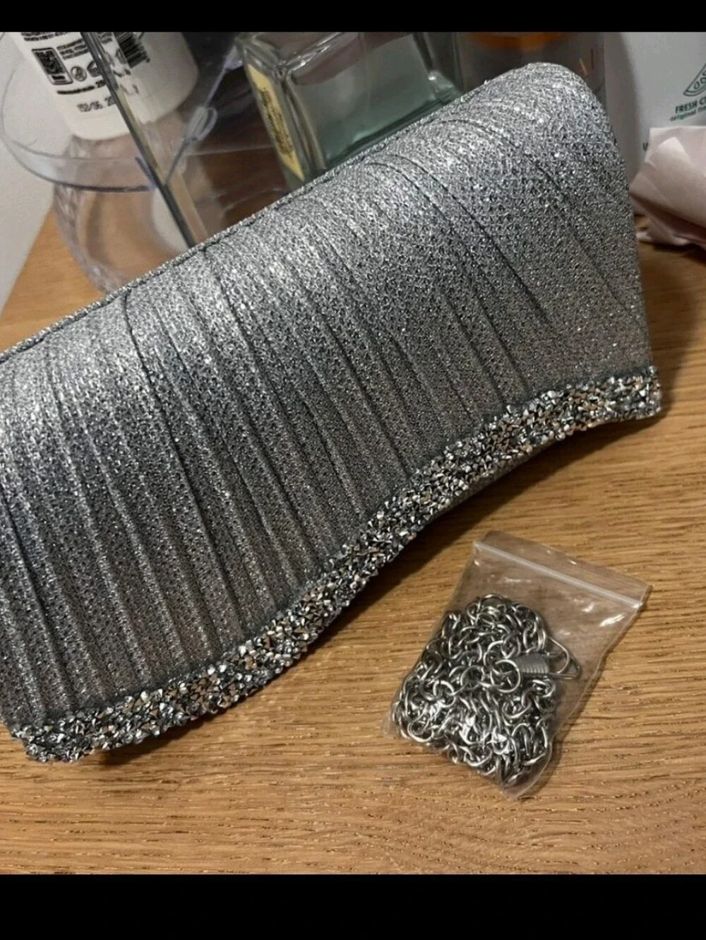Silver Rhinestone Evening Clutch with Chain